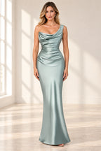 Elegant Column Cowl Neck One Shoulder Corset Back Floor Length Wedding Guest Dress