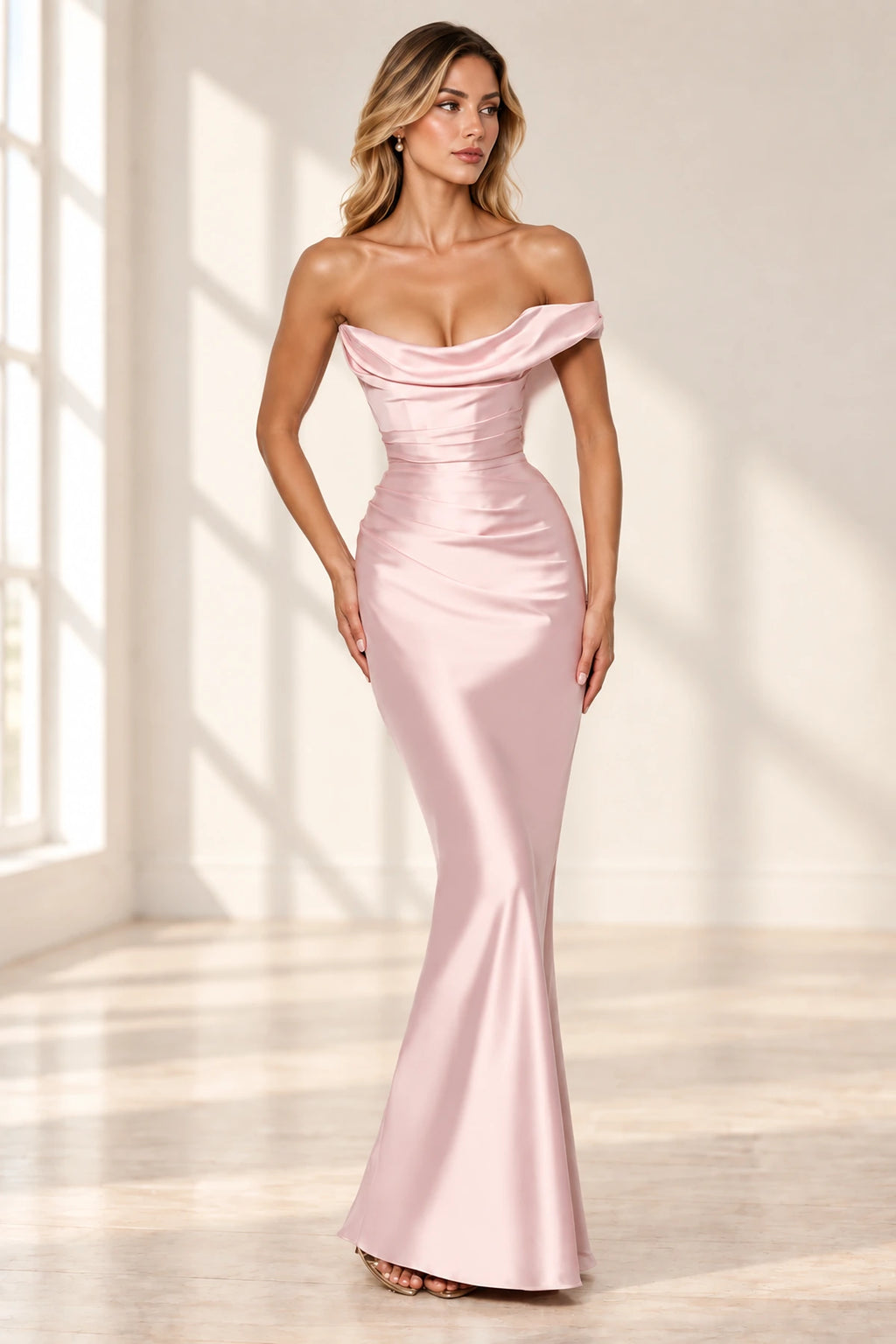 Elegant Column Cowl Neck One Shoulder Corset Back Floor Length Wedding Guest Dress