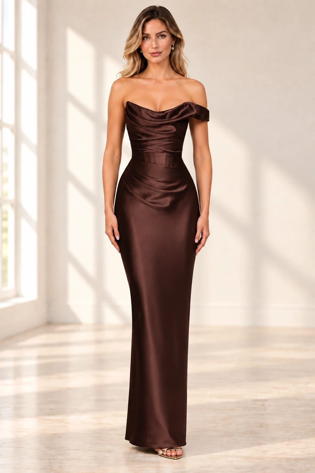 Elegant Column Cowl Neck One Shoulder Corset Back Floor Length Wedding Guest Dress