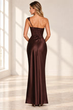 Elegant Column Cowl Neck One Shoulder Corset Back Floor Length Wedding Guest Dress