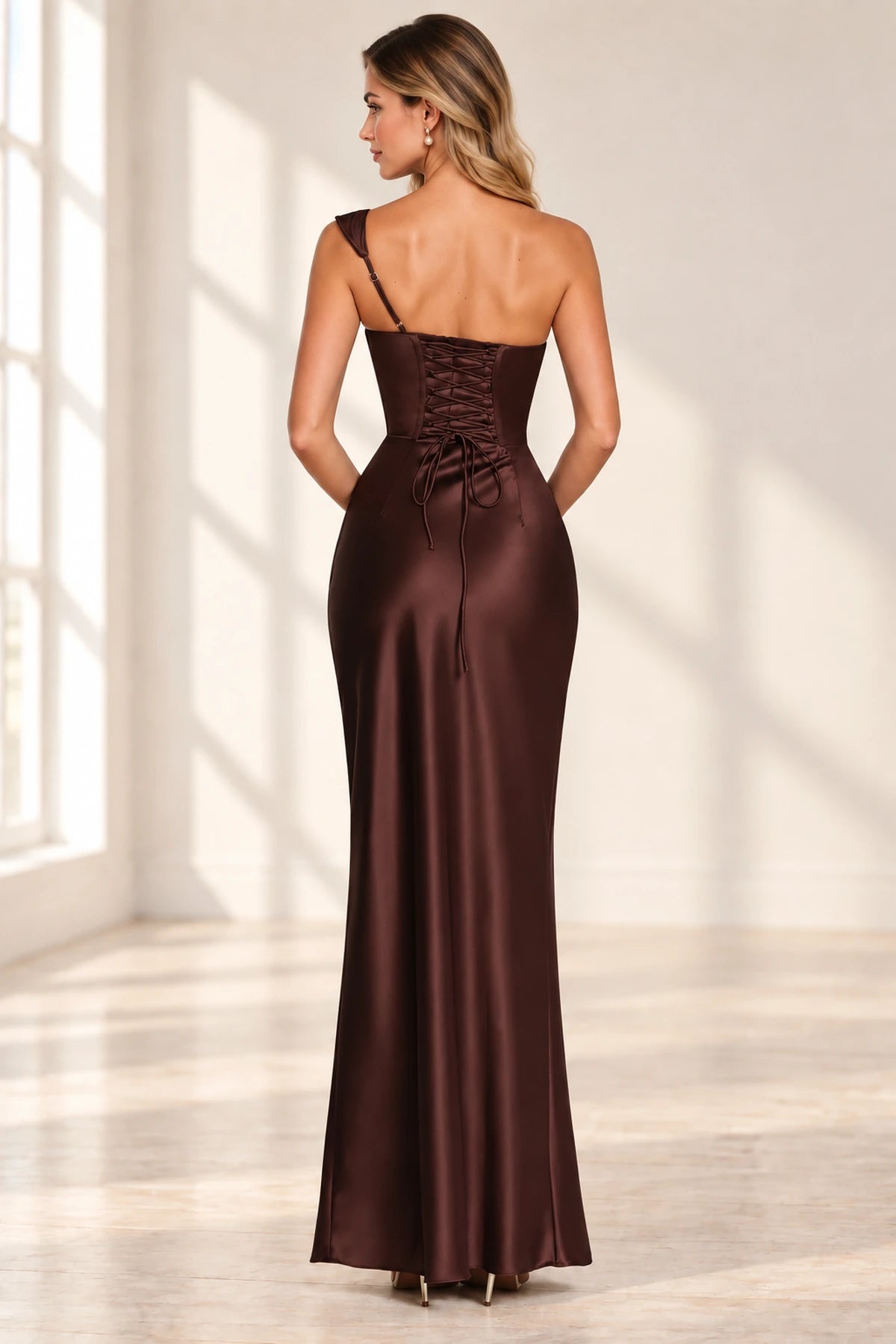 Elegant Column Cowl Neck One Shoulder Corset Back Floor Length Wedding Guest Dress