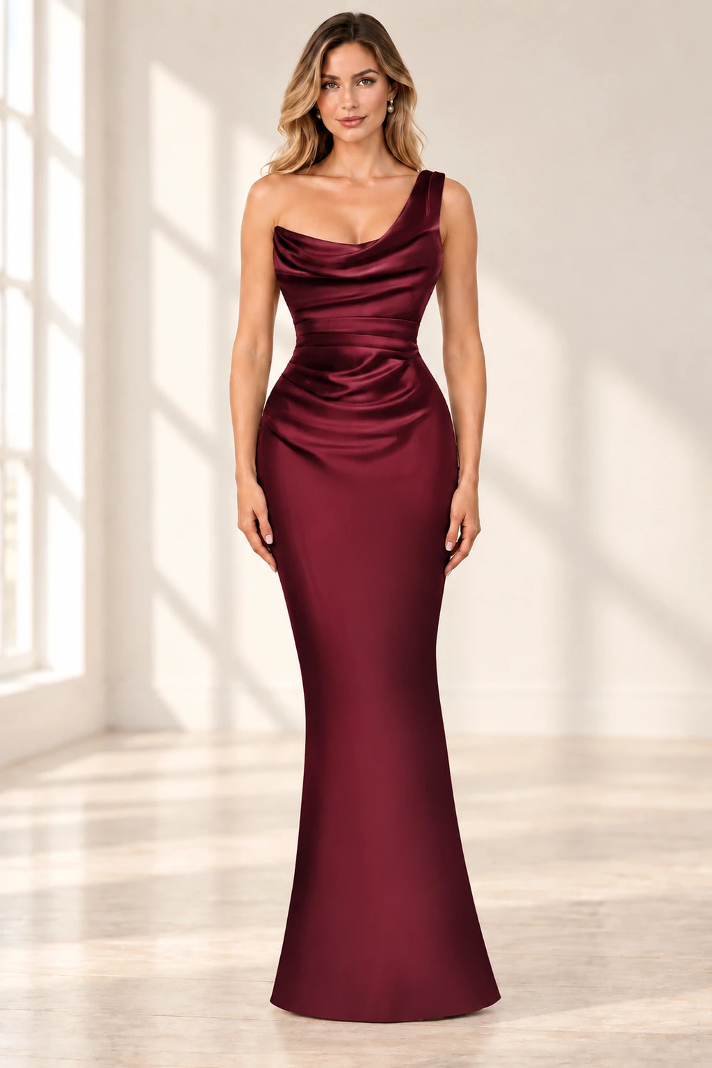 Elegant Column Cowl Neck One Shoulder Corset Back Floor Length Wedding Guest Dress