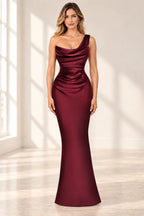 Elegant Column Cowl Neck One Shoulder Corset Back Floor Length Wedding Guest Dress
