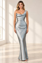 Elegant Column Cowl Neck One Shoulder Corset Back Floor Length Wedding Guest Dress