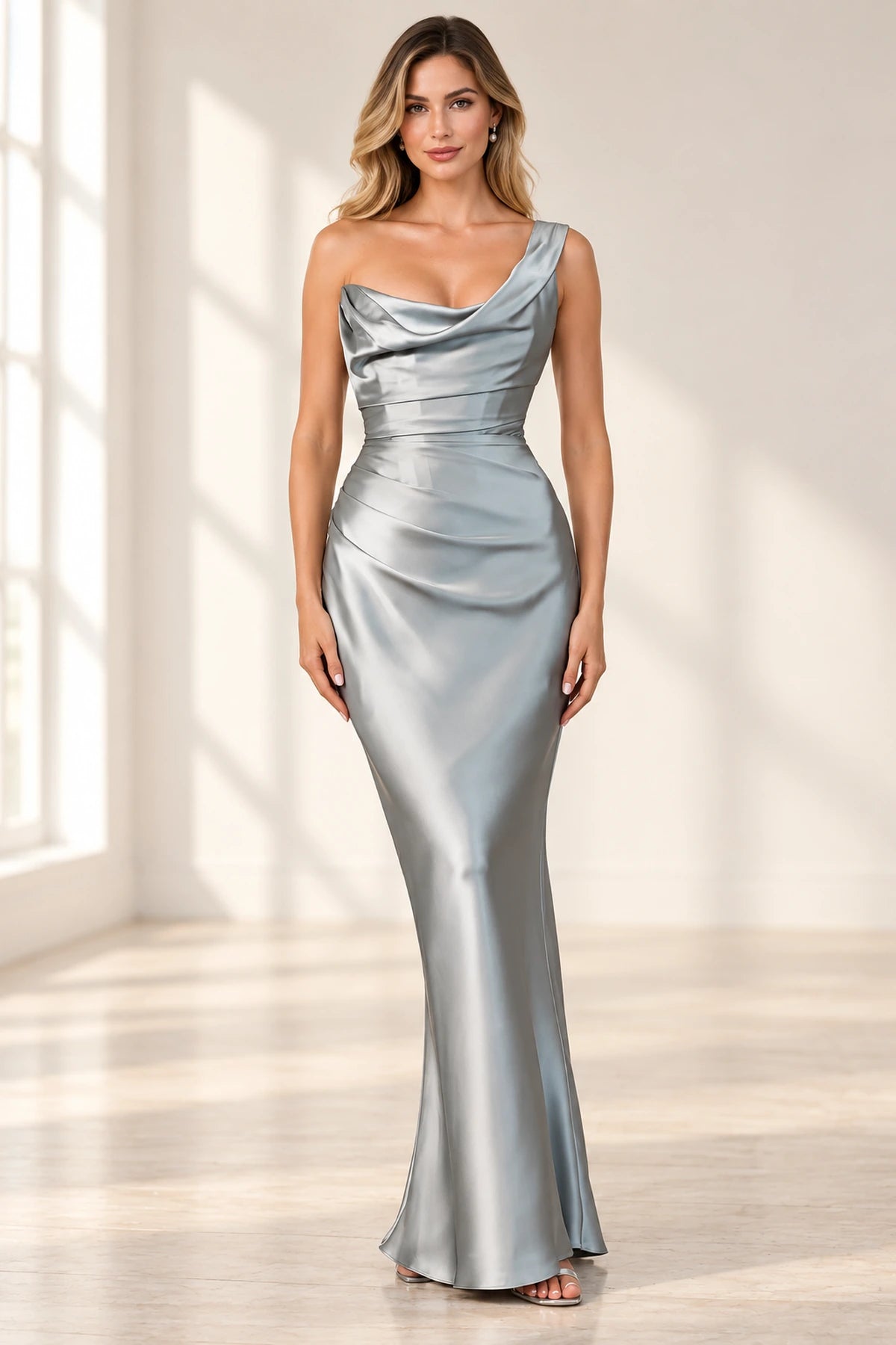 Elegant Column Cowl Neck One Shoulder Corset Back Floor Length Wedding Guest Dress