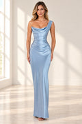Elegant blue cowl neck one shoulder wedding guest dress by Graceprom