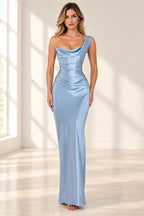 Elegant blue cowl neck one shoulder wedding guest dress by Graceprom
