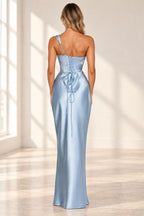 Corset lace up back detail of blue satin formal wedding guest gown