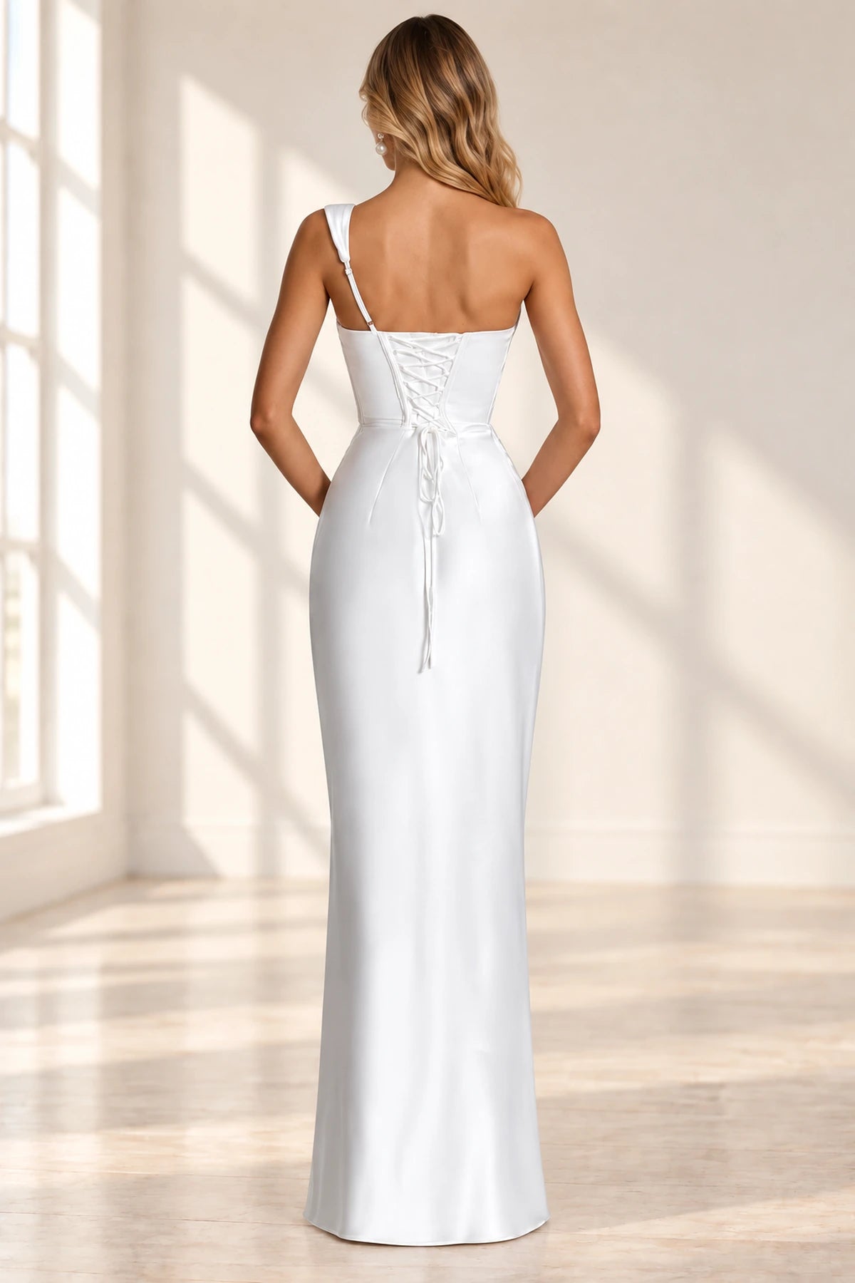 Elegant Column Cowl Neck One Shoulder Corset Back Floor Length Wedding Guest Dress