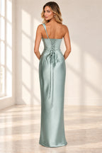 Elegant Column Cowl Neck One Shoulder Corset Back Floor Length Wedding Guest Dress