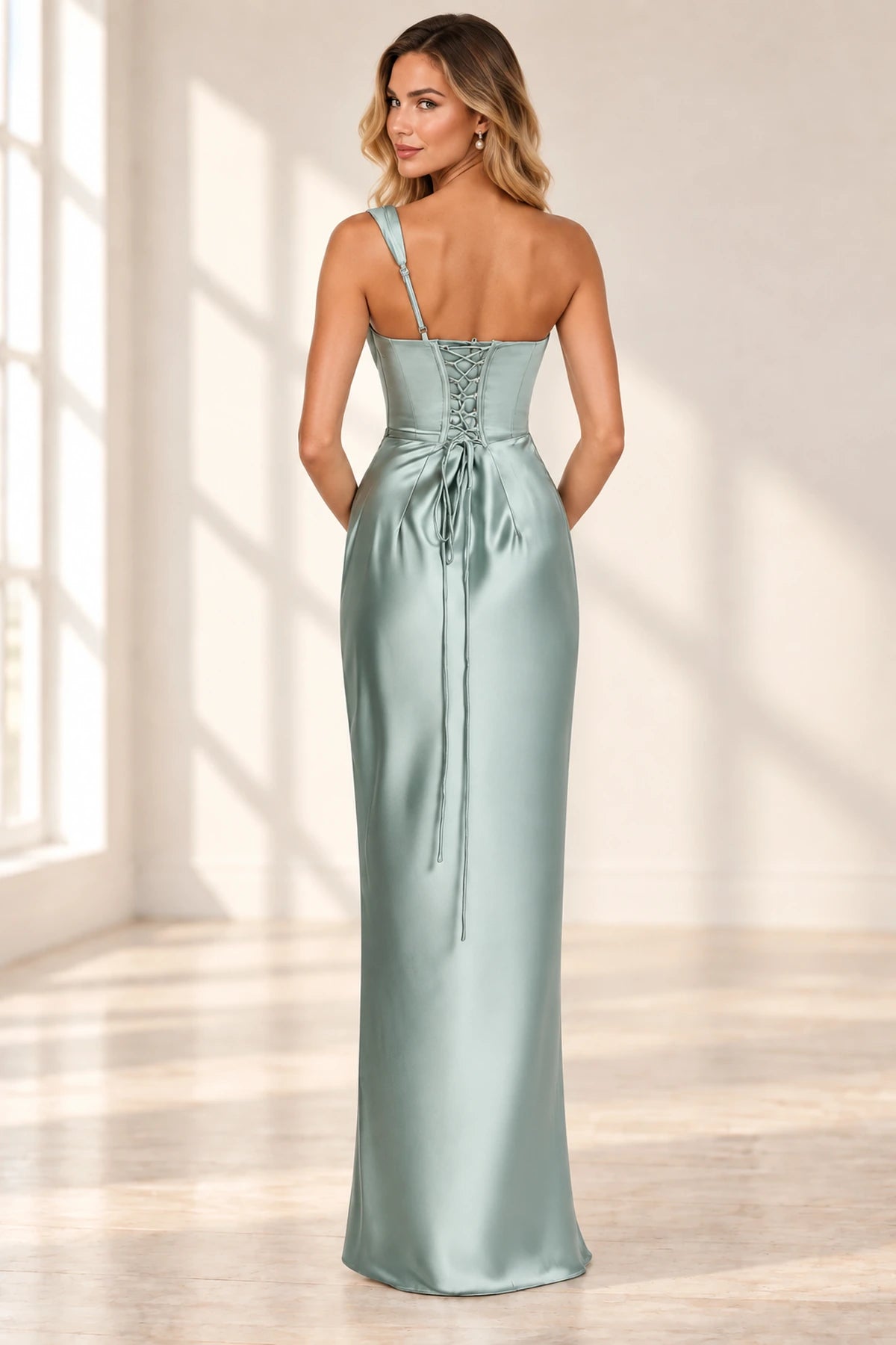 Elegant Column Cowl Neck One Shoulder Corset Back Floor Length Wedding Guest Dress