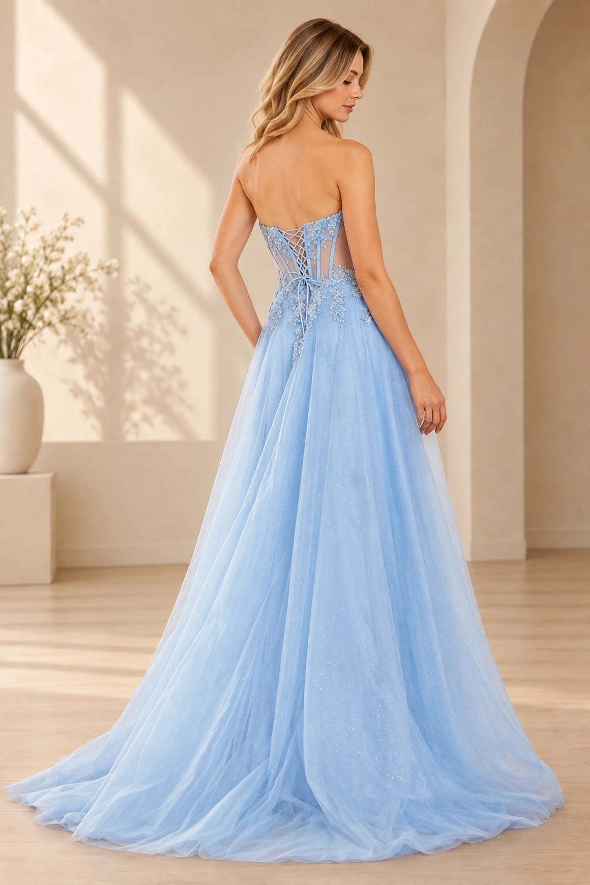 Blue A line prom dress with sweetheart neckline floral corset and tulle skirt