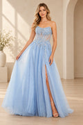 Blue A line prom dress with sweetheart neckline floral corset and tulle skirt