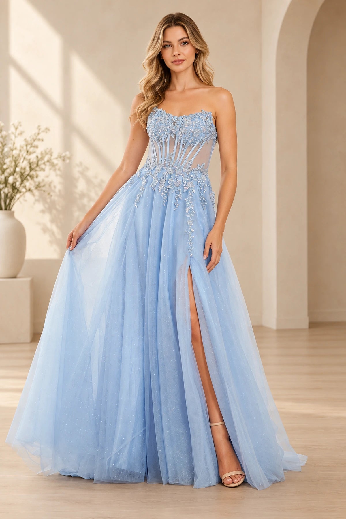Blue A line prom dress with sweetheart neckline floral corset and tulle skirt