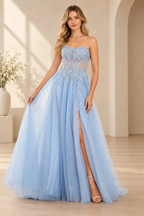 Blue A line prom dress with sweetheart neckline floral corset and tulle skirt