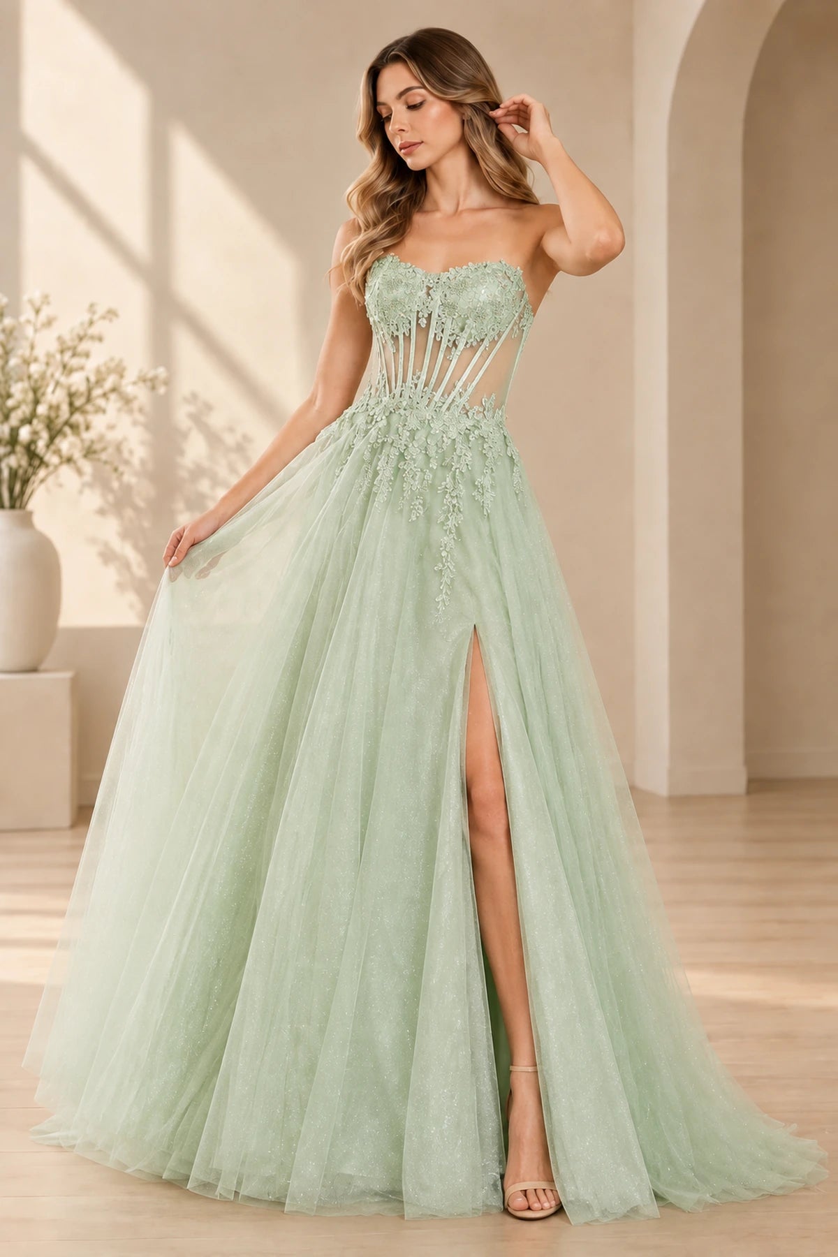 Dreamy A Line Sweetheart Sleeveless Corset Back Floor Length Prom Dress