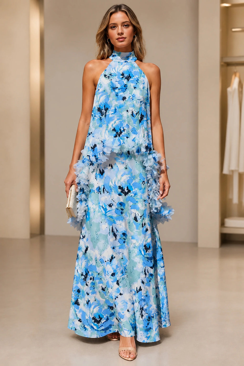 Blue floral halter high neck A-line long wedding guest dress with ruffle details