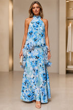 Blue floral halter high neck A-line long wedding guest dress with ruffle details