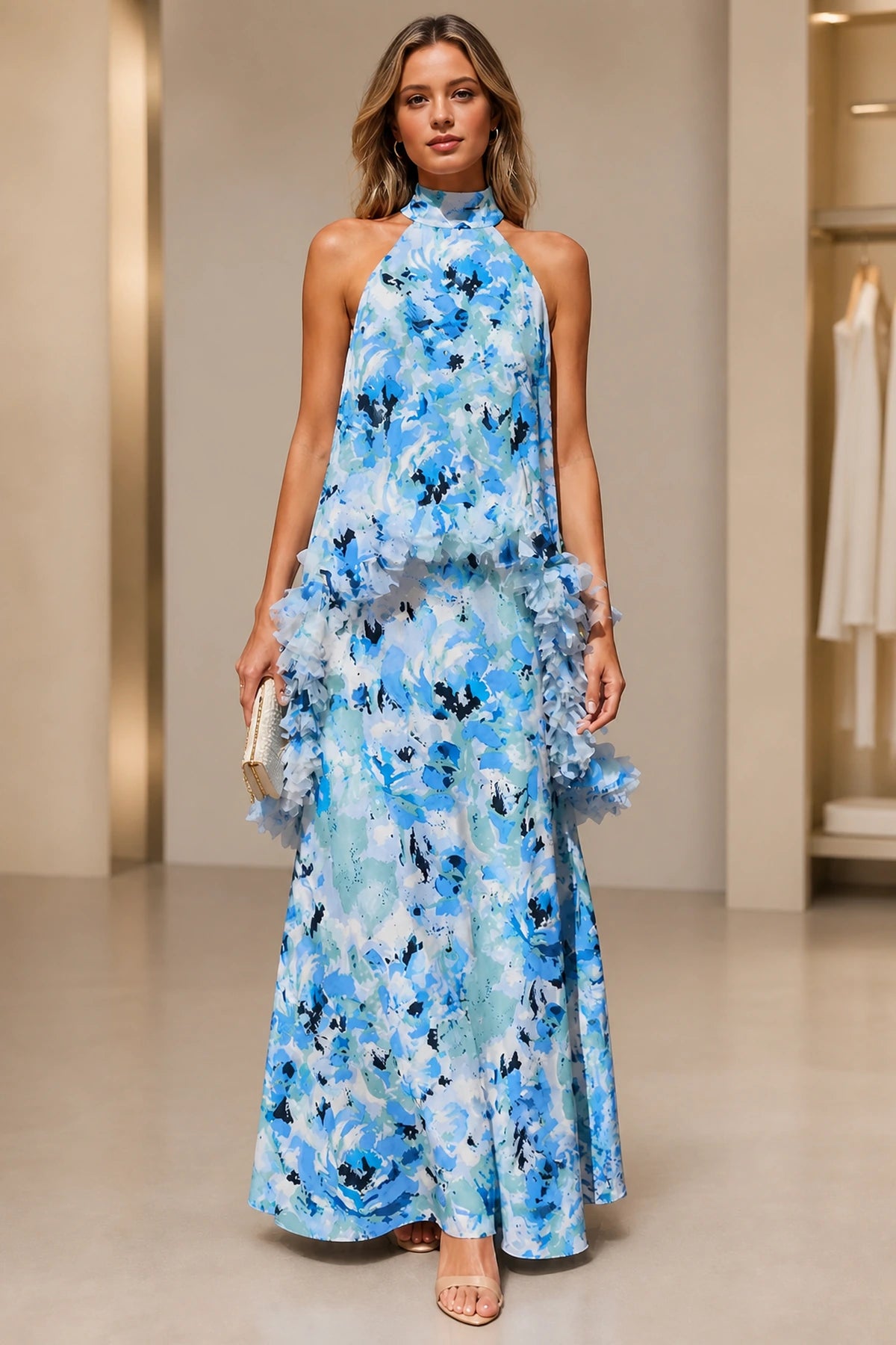 Blue floral halter high neck A-line long wedding guest dress with ruffle details