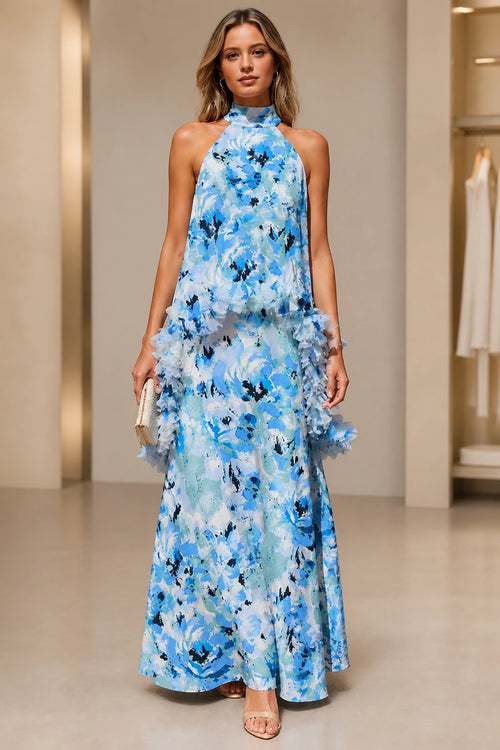 Blue floral halter high neck A-line long wedding guest dress with ruffle details