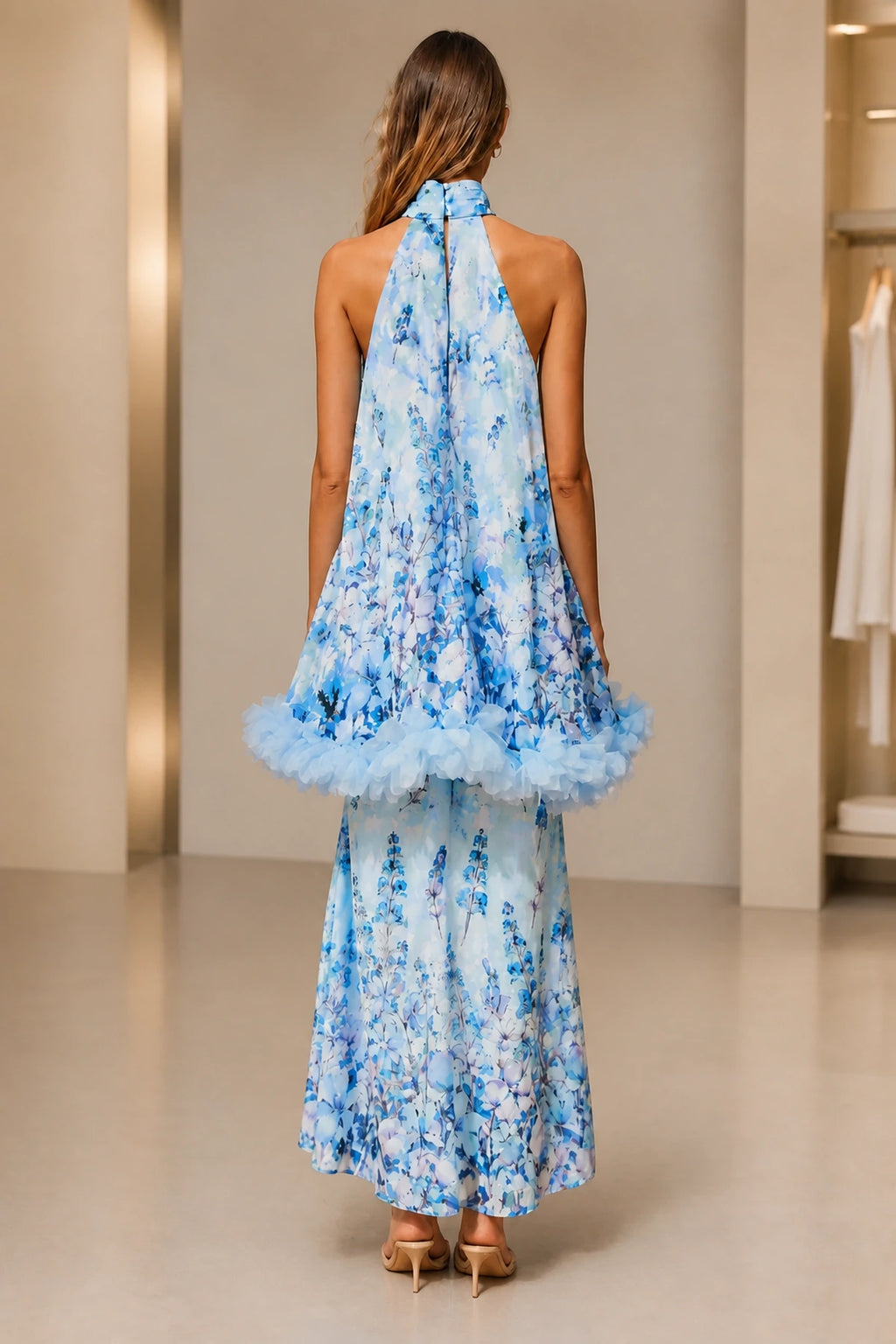Blue floral halter high neck A-line long wedding guest dress with ruffle details