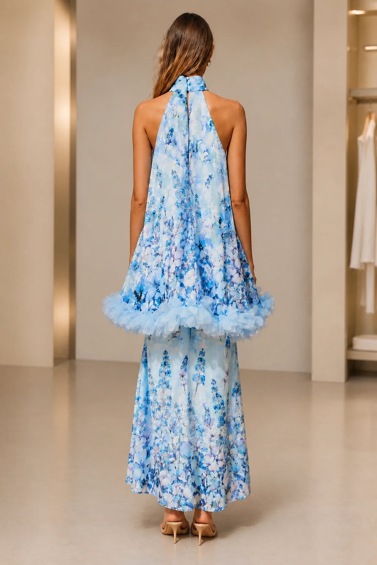 Blue floral halter high neck A-line long wedding guest dress with ruffle details