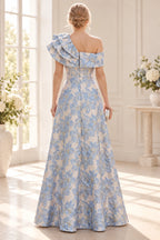 Back view of ivory blue floral Mother of the Bride Dress with asymmetric ruffle shoulder, center zipper and A-line skirt