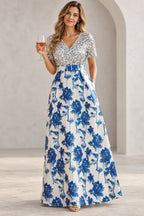 Blue and white floral Mother of the Bride Dress with silver V-neck bodice, short sleeves and belted A-line skirt