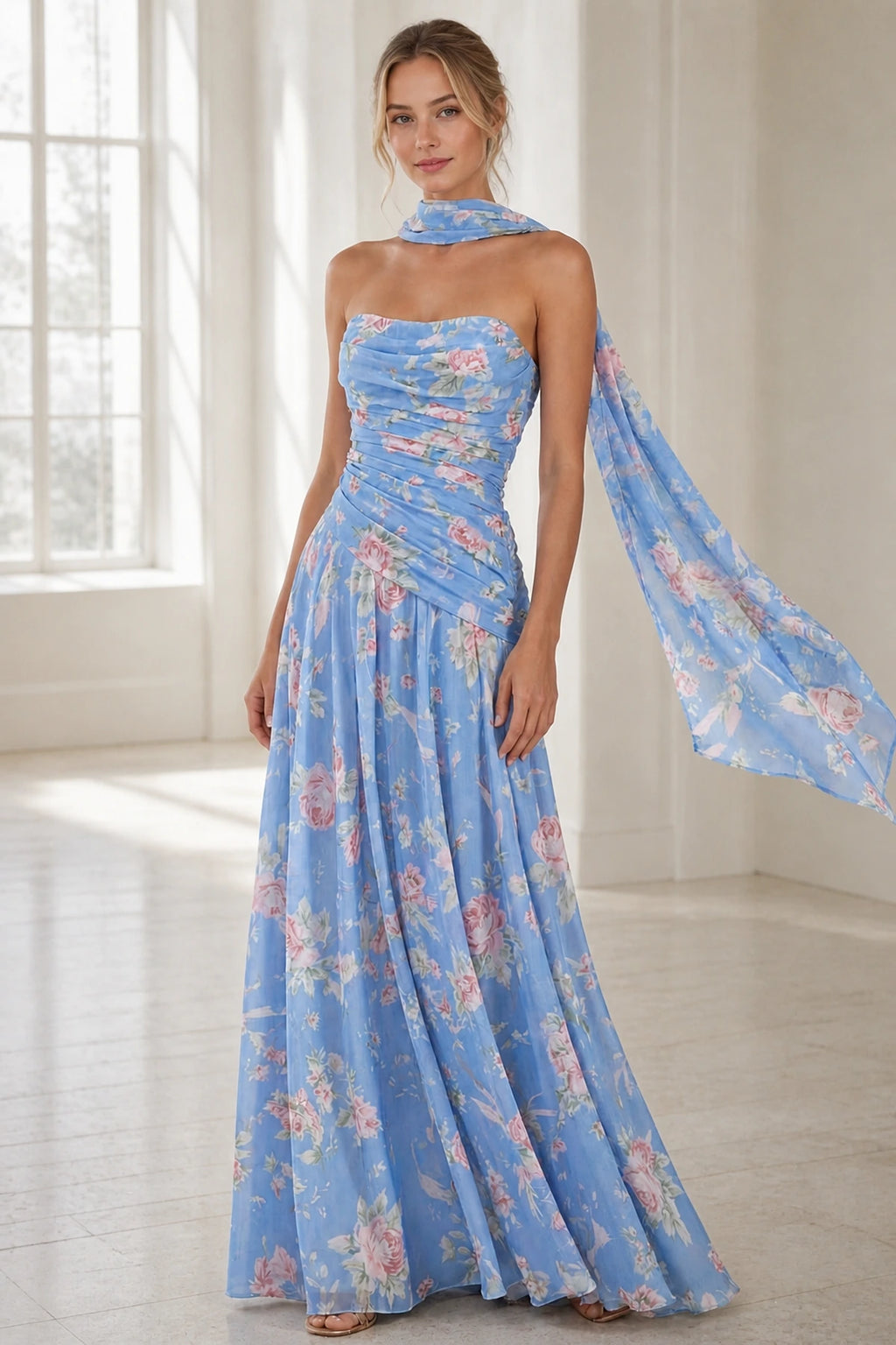 Blue floral strapless floor-length wedding guest dress with neck scarf front view