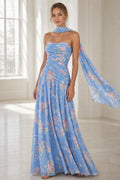 Blue floral strapless floor-length wedding guest dress with neck scarf front view