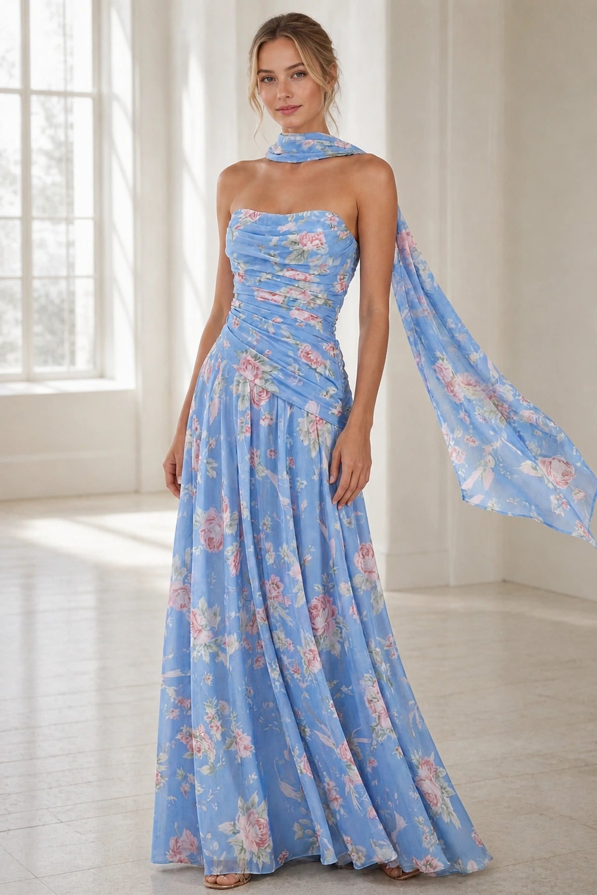 Blue floral strapless floor-length wedding guest dress with neck scarf front view