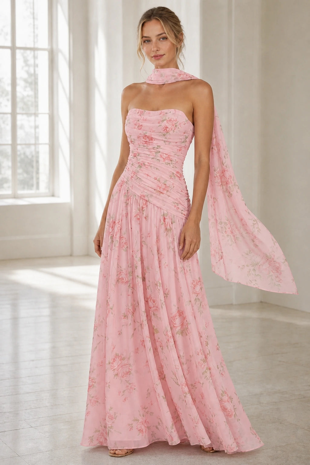 Romantic A-Line Strapless Sleeveless Open-Back Floor-Length Wedding Guest Dress