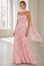 Romantic A-Line Strapless Sleeveless Open-Back Floor-Length Wedding Guest Dress