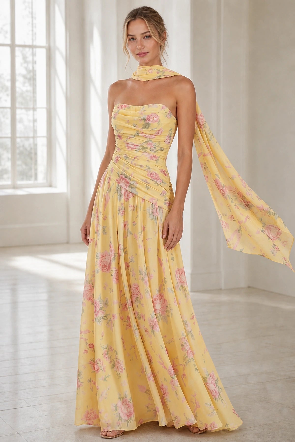 Romantic A-Line Strapless Sleeveless Open-Back Floor-Length Wedding Guest Dress