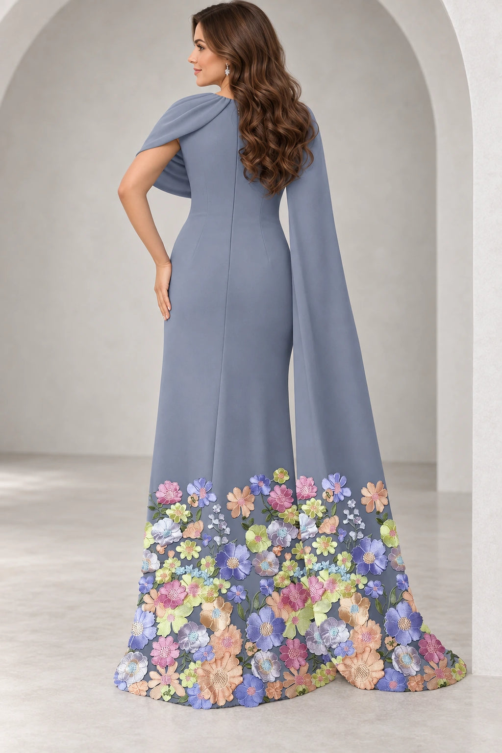 Blue gray floral floor length Mother of the Bride Dress with cape sleeve back view