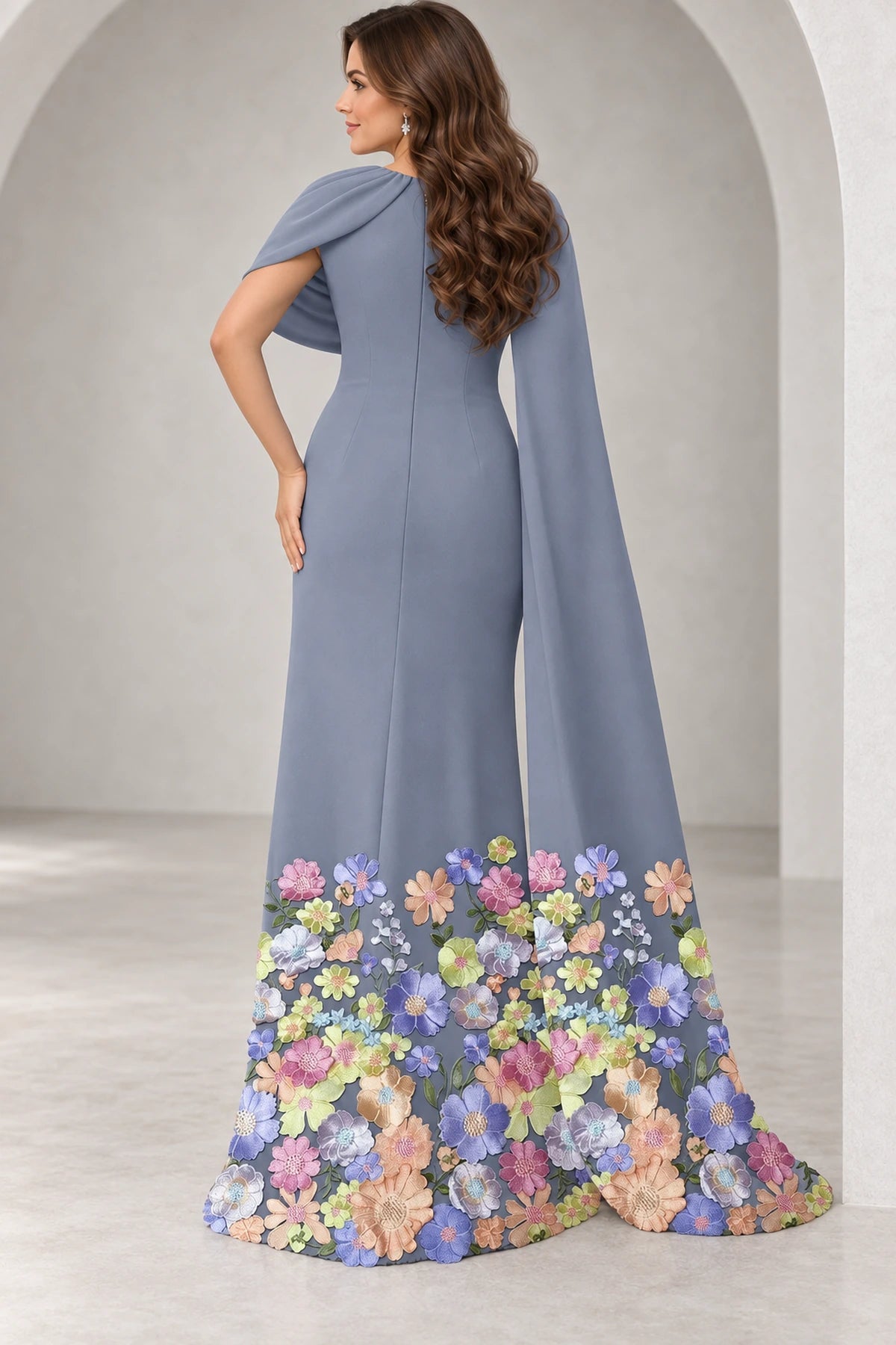 Blue gray floral floor length Mother of the Bride Dress with cape sleeve back view