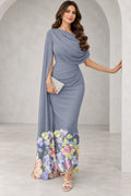 Blue gray draped cape sleeve floral hem Mother of the Bride Dress front view