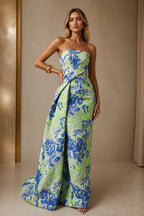 Blue green floral strapless wedding guest dress with draped bodice, A-line silhouette and floor-length skirt