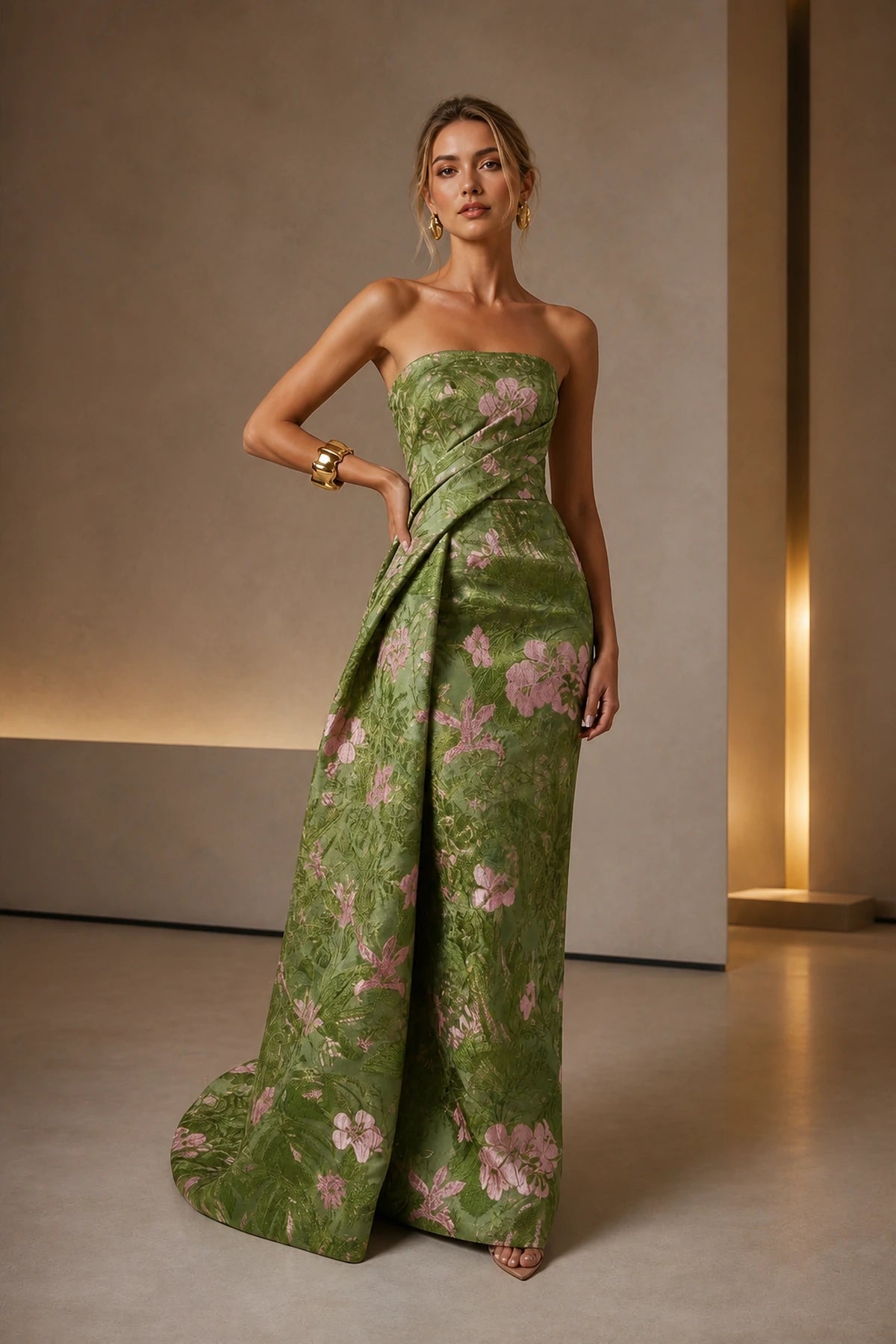 Refined A-Line Strapless Sleeveless Zipper-Back Floor-Length Wedding Guest Dress