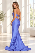 Back of Graceprom blue satin prom dress with short crisscross lacing, a lower-back cutout, gathered hips and a flared train.