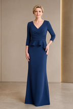Blue Mother of the Bride Dress with V-neckline, three-quarter sleeves, ruched waist and floor-length sheath silhouette front view
