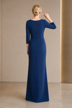 Blue floor-length Mother of the Bride Dress with three-quarter sleeves, fitted waist and center zipper back view