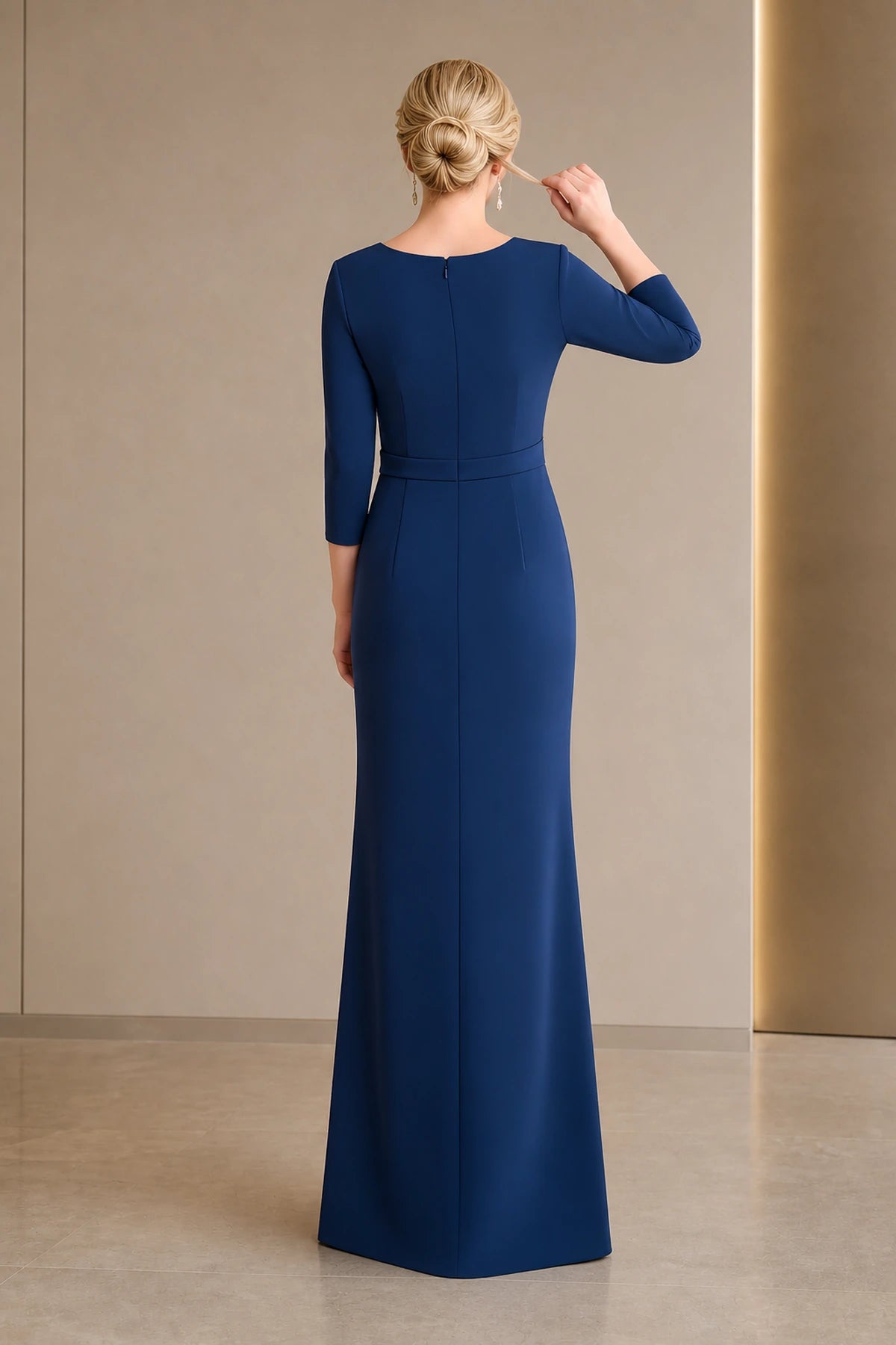 Blue floor-length Mother of the Bride Dress with three-quarter sleeves, fitted waist and center zipper back view