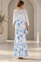 Back view of blue floral Mother of the Bride Dress with sheer cape overlay and floor-length sheath skirt