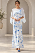 Blue and white floral Mother of the Bride Dress with bateau neckline, cape sleeves and flower shoulder detail