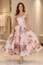 Blush pink floral off-shoulder A-line tea-length wedding guest dress by GraceProm
