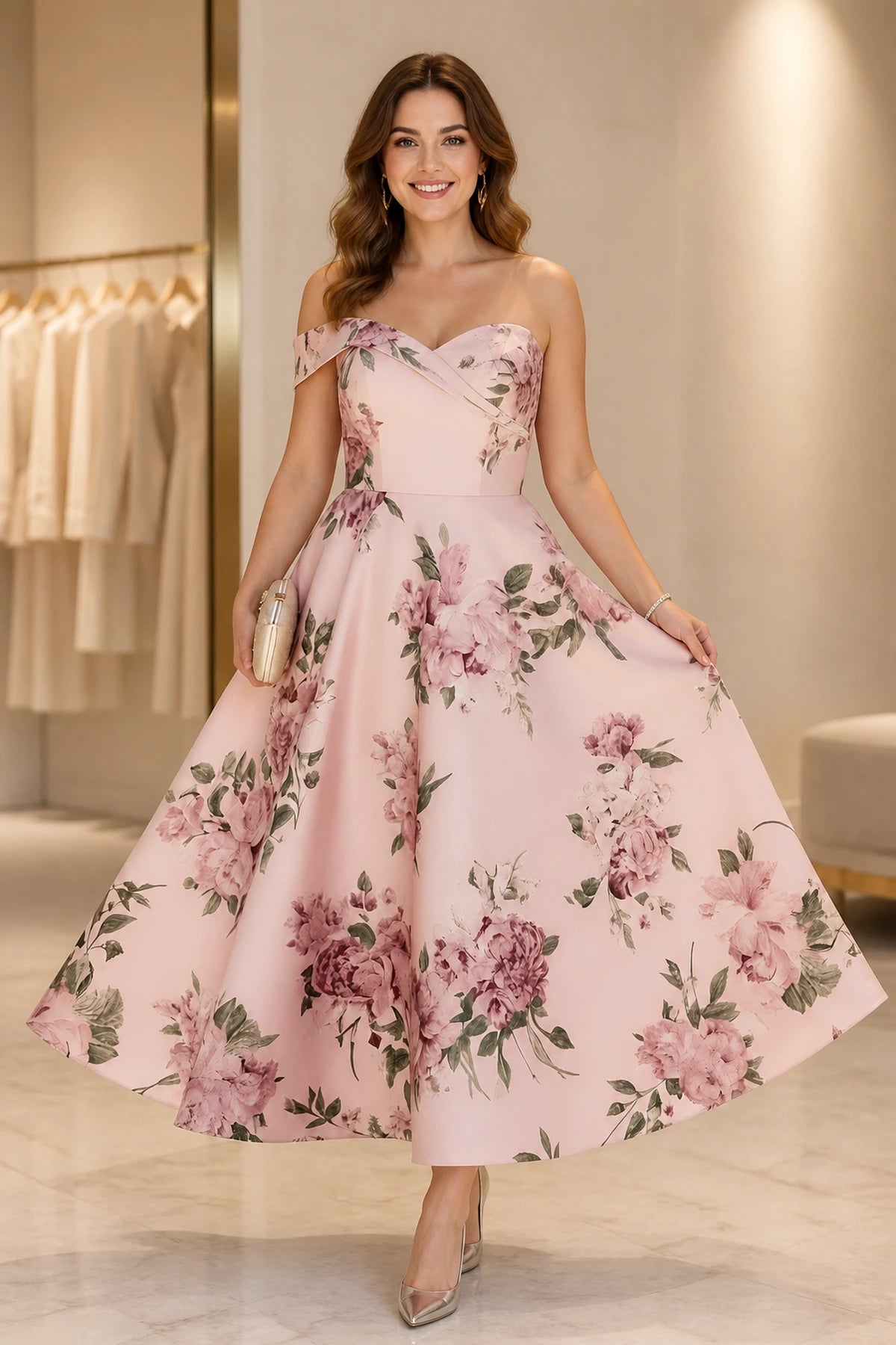 Blush pink floral off-shoulder A-line tea-length wedding guest dress by GraceProm
