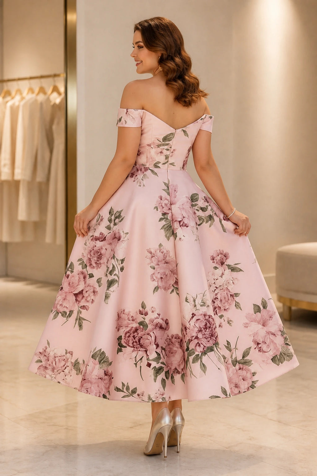 Back view of blush pink floral tea-length wedding guest dress with off-shoulder neckline and zipper back