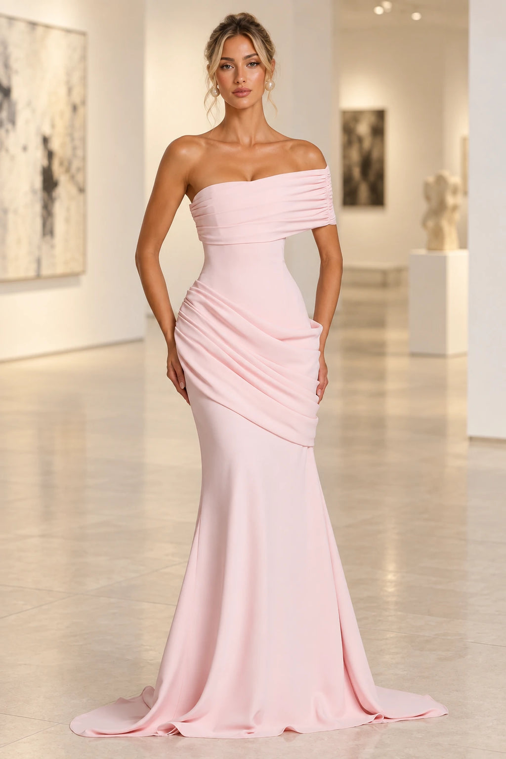 Graceprom blush mermaid off shoulder wedding guest dress front view