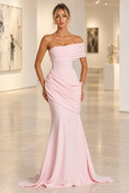 Graceprom blush mermaid off shoulder wedding guest dress front view